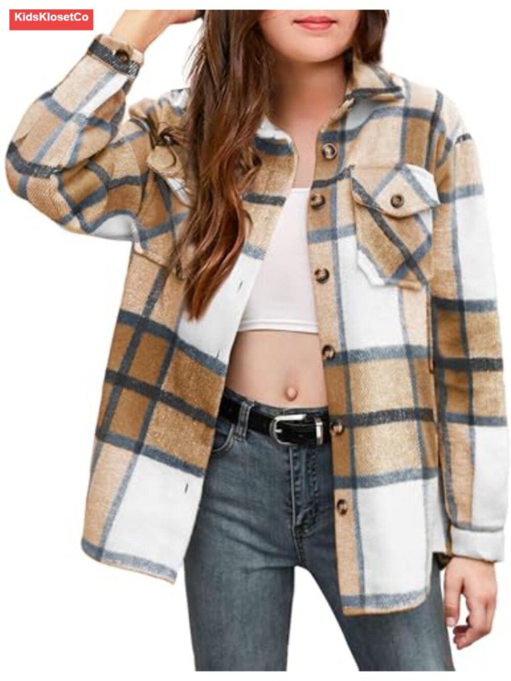 Girls Plaid Button Down Long Sleeve Shirt Jacket with Pockets
